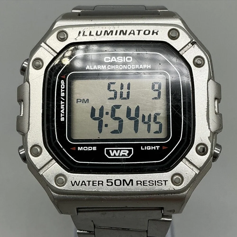 Casio W-218H Men Watch 43mm Digital Gray Steel Bracelet Chrono New Battery 7.25